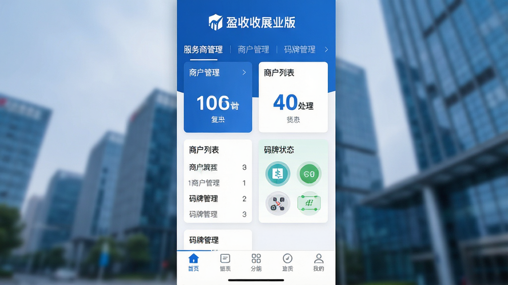 主体：盈收收展业版手机应用界面，展示服务商管理后台，包含团队数据看板、商户列表、码牌状态图标。布局：界面采用上下结构，顶部为软件名称“盈收收展业版”Logo，中部为数据统计卡片，底部为功能导航栏。排版：卡片式布局，信息层级分明，数字醒目。风格：现代商务风，蓝白主色调，简洁专业。细节：屏幕中显示“服务商管理”、“商户管理”、“码牌管理”等菜单，背景有模糊的商务建筑图片。画质：高清，干净，无多余元素。