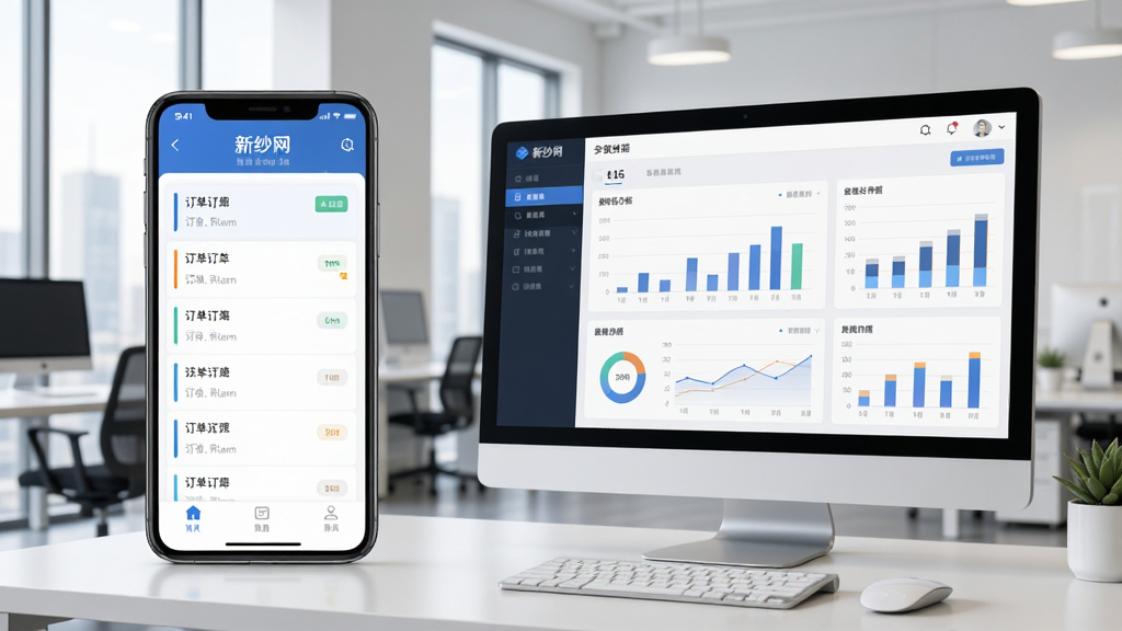 展示“新纱网”APP在手机和电脑上同时运行的场景，手机屏幕显示订单列表，电脑屏幕显示数据分析图表，背景为现代办公室，界面清晰，风格商务，布局协调，画质干净