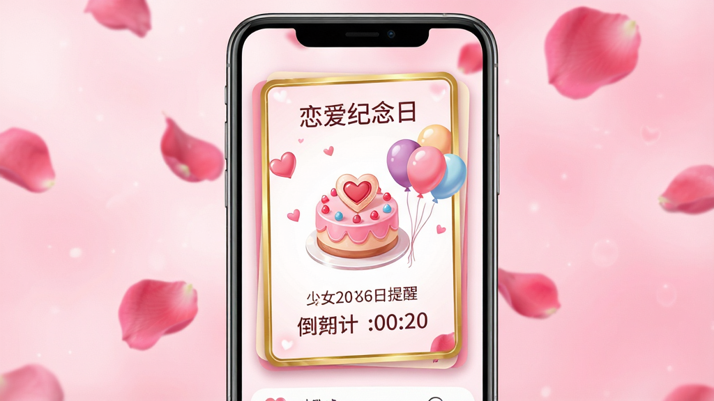 主体：一部手机屏幕上显示“少女恋爱日记”的纪念日提醒卡片，卡片上有爱心蛋糕和气球图案。布局：手机位于画面中央，卡片悬浮展示。排版：卡片上方有“恋爱纪念日”字样，下方显示日期和倒计时。风格：浪漫梦幻，粉红色调。细节：卡片边缘有金色镶边，背景有飘落的玫瑰花瓣。画质：高清，干净，无多余元素。