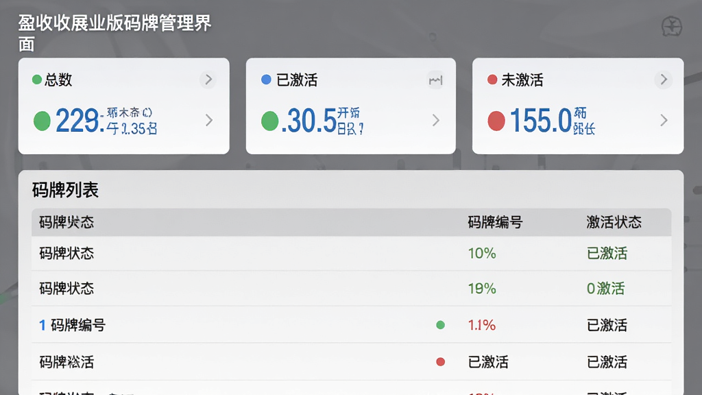 主体：盈收收展业版码牌管理界面，展示码牌状态统计图、码牌列表，包含码牌编号和激活状态。布局：上部为统计卡片（总数、已激活、未激活），下部为码牌列表。排版：数据卡片横向排列，列表竖向排列。风格：简约科技风，灰色背景，蓝色数据。细节：码牌状态用绿色（已激活）和红色（未激活）圆点标识。画质：高清，干净，无多余元素。