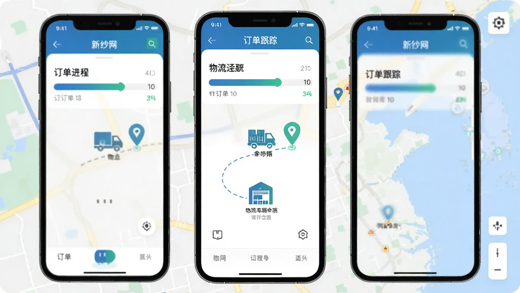 展示“新纱网”APP订单跟踪界面，屏幕上显示订单进度条、物流车辆位置、仓库图标，背景为地图，界面设计扁平化，蓝色与绿色点缀，布局直观，风格科技商务，细节丰富，画质干净