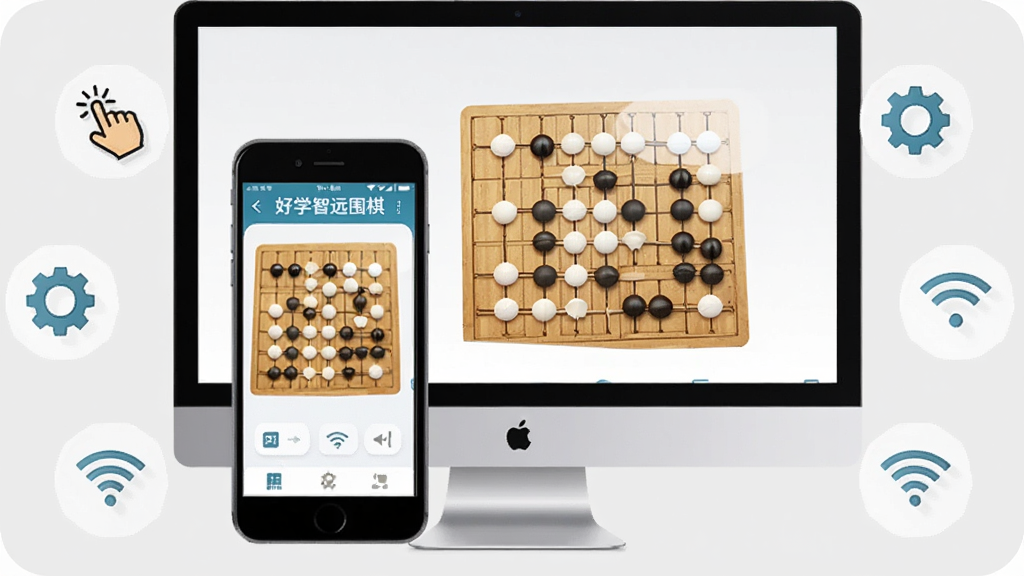 教程风格，画面展示手机与电脑并排摆放，屏幕中显示“好学智远围棋”应用界面，周围环绕操作步骤图标如手指点击、设置齿轮、WiFi信号等，背景为浅灰色，整体简洁明了，画质干净，无多余元素