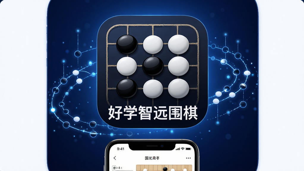 高清海报风格，画面中央醒目位置展示“好学智远围棋”APP图标，图标以黑白棋子与棋盘为核心元素，背景为深蓝色渐变，周围点缀发光的棋谱线条，底部展示手机界面预览图，整体布局大气专业，突出围棋智慧与科技感，画质细腻干净，无多余元素