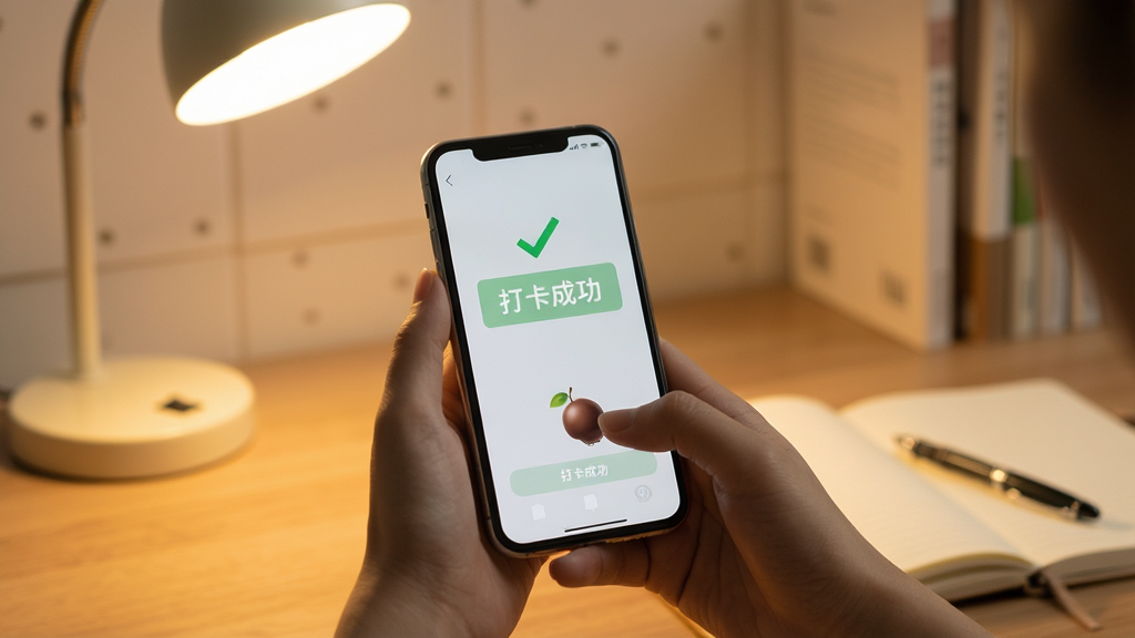 一张展示用户正在手机上进行菩提果打卡操作的实拍场景，手机屏幕清晰显示“打卡成功”字样，背景为温馨的书桌环境，有台灯和笔记本，整体光线柔和，画质干净，无多余元素