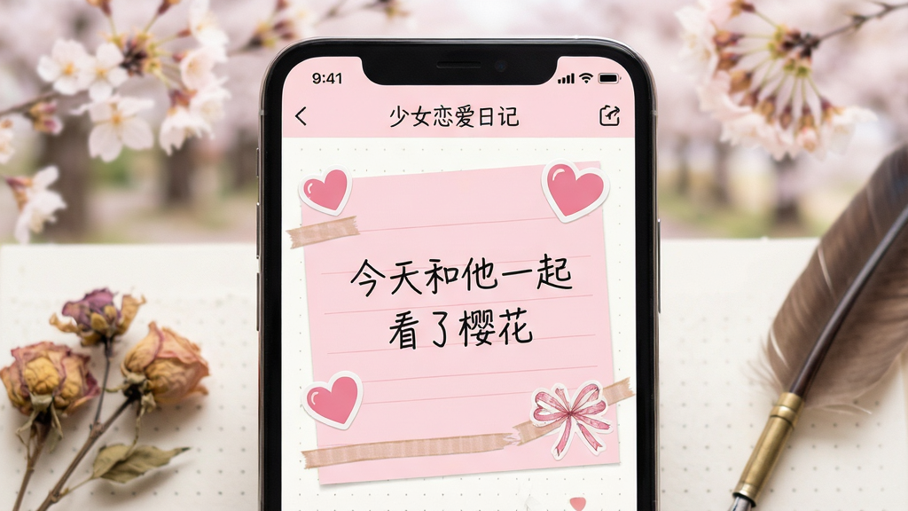主体：手机屏幕特写，展示“少女恋爱日记”APP的日记编辑页面，页面上有粉色信纸、爱心贴纸和手写字体。布局：手机居中，背景虚化。排版：屏幕内文字清晰可见，写着“今天和他一起看了樱花”。风格：清新手账风，柔和光线。细节：有羽毛笔、干花等装饰元素。画质：高清，干净，无多余元素。