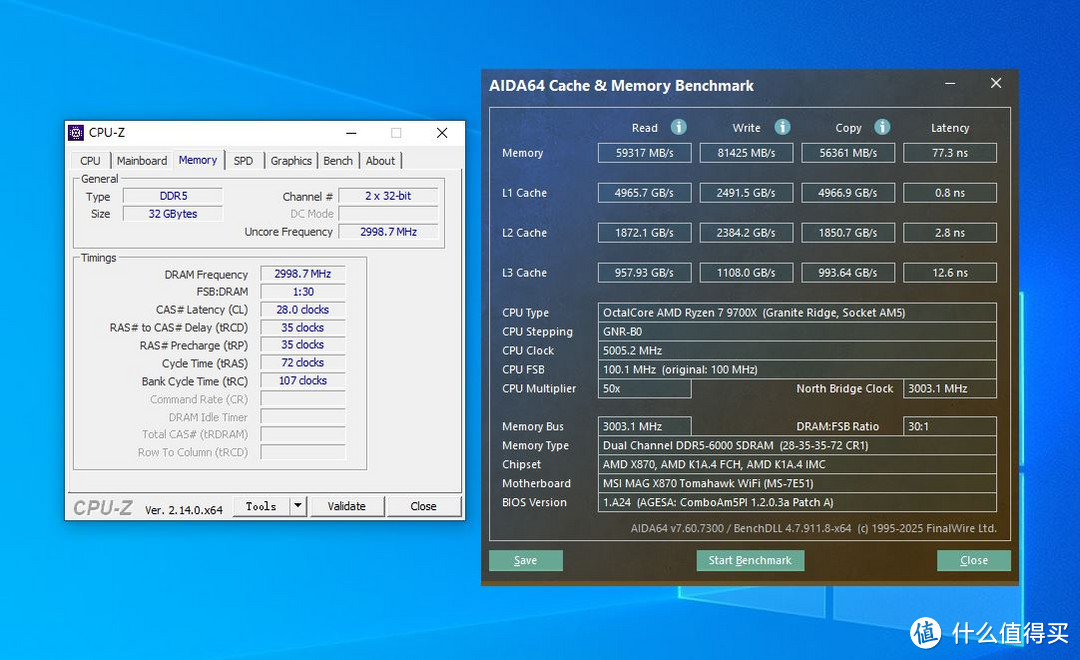 AIDA64内存缓存测试（XMP 6000MHz CL28 UCLK=MEMCLK）