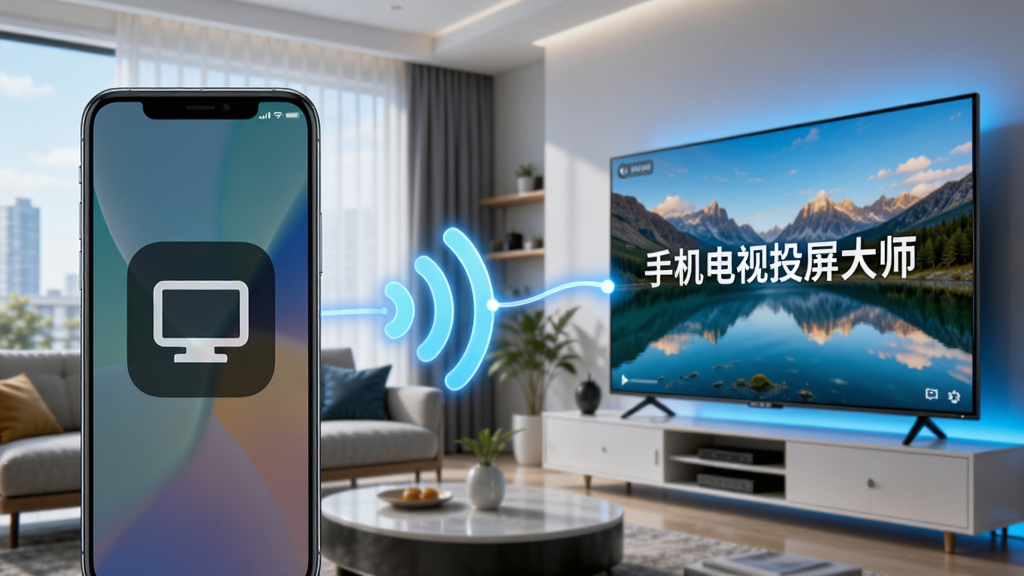 主体：一部智能手机屏幕中显示投屏图标，画面延伸到大屏电视上，电视中播放高清风景视频。布局：左侧手机，右侧电视，中间有无线信号连接线。排版：手机和电视居中，背景为现代客厅。风格：科技感、明亮、高清渲染。细节：画面色彩鲜艳，电视屏幕中显示“手机电视投屏大师”字样，信号线发光。画质：8K超清，干净，无多余元素。