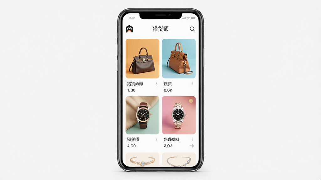 图片展示猎货师App的界面预览，主体为智能手机屏幕，屏幕内显示平台首页，包含多个奢侈品包包、手表、首饰的商品卡片，布局清晰，色彩明亮，风格现代简约，细节丰富，画质高清，干净无多余元素，图片中文字标注“猎货师”