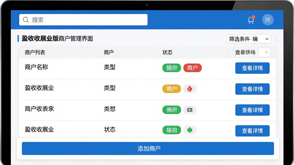 主体：盈收收展业版商户管理界面，展示商户列表，包括商户名称、类型、状态标签。布局：列表式布局，每行显示一个商户信息，右侧有“查看详情”按钮。排版：简洁清晰，商户状态用彩色标签区分。风格：清新商务风，白底蓝字。细节：顶部有搜索框和筛选条件，列表底部有“添加商户”按钮。画质：高清，干净，无多余元素。