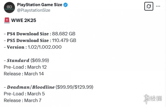 《WWE 2K25》所需硬盘空间曝光：PS5版需要110GB！