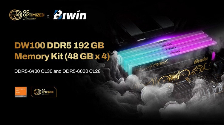 低延迟、192GB大容量：Biwin 佰维发布 DW100 Gold Edition DDR5 高端内存