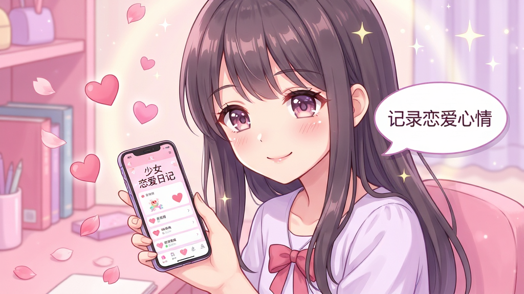 主体：一位甜美可爱的少女坐在粉色的书桌前，手中拿着手机，手机屏幕上显示“少女恋爱日记”的应用界面，周围飘散着爱心和花瓣。布局：居中构图，少女面部特写与手机屏幕形成互动。排版：画面右侧悬浮对话框，上面写着“记录恋爱心情”。风格：日系动漫风，清新唯美，色彩以粉色和淡紫色为主。细节：少女面带微笑，眼神温柔，背景有柔和的光晕和星星点缀。画质：高清，干净，无多余元素。