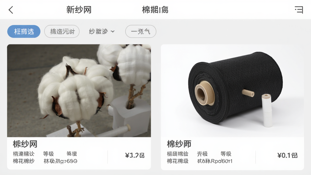 展示“新纱网”APP内棉花与棉纱商品列表页面，左侧为棉花样本图，右侧为棉纱卷筒图，界面采用列表布局，有筛选标签、价格、等级等信息，背景浅灰，风格简洁商务，细节清晰，画质干净
