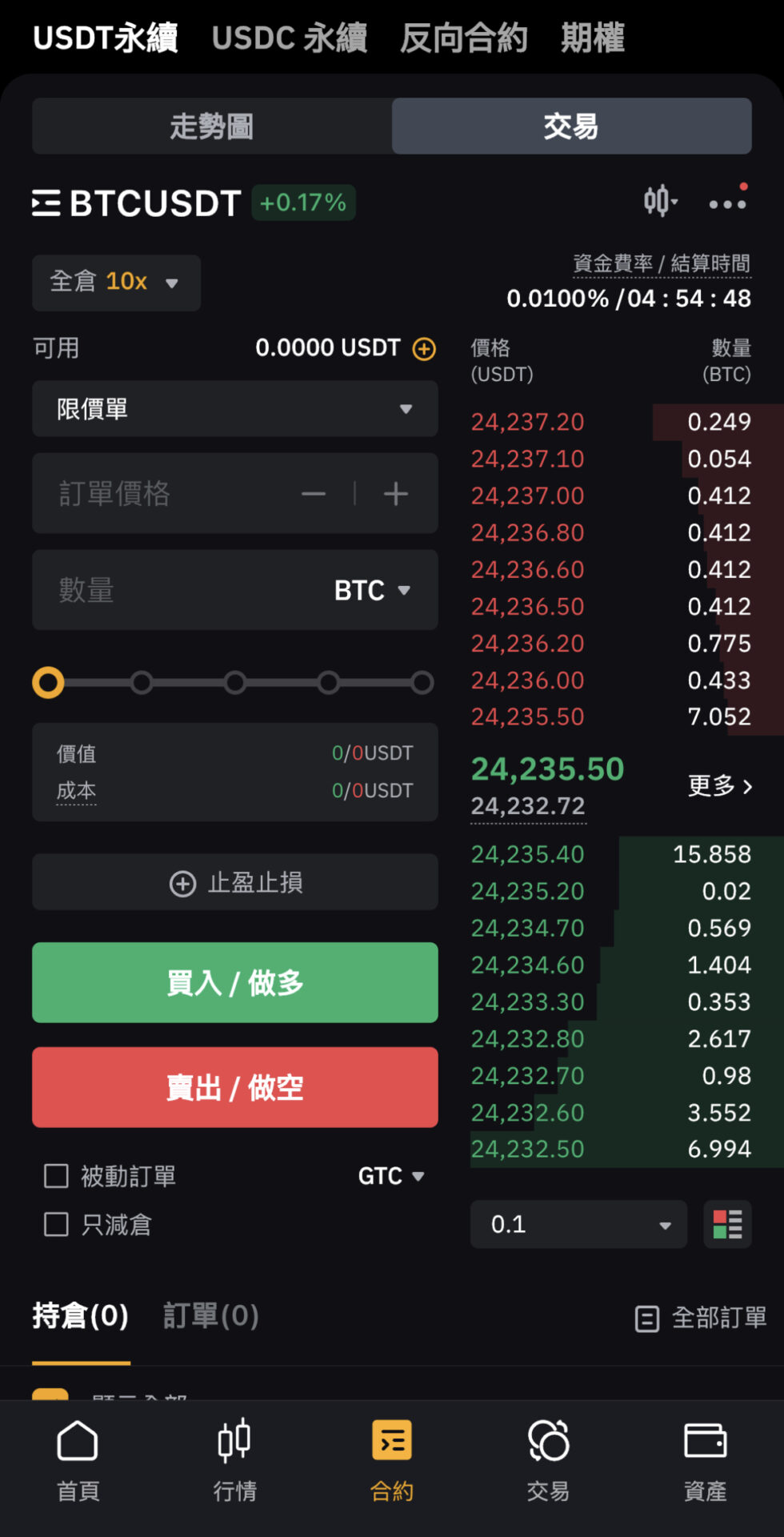 3. 点选最下方的合约，并选择想玩的合约类型（这边以 USDT 永续合约为例）