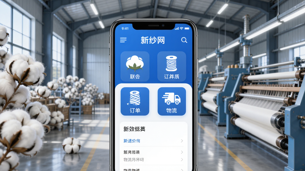 画面中央展示“新纱网”APP界面，背景为现代棉花仓库与纺织车间融合场景，界面设计简洁商务，蓝色主色调，包含棉花、纱线、订单、物流等图标元素，布局清晰，风格科技感，细节丰富，画质干净无多余元素