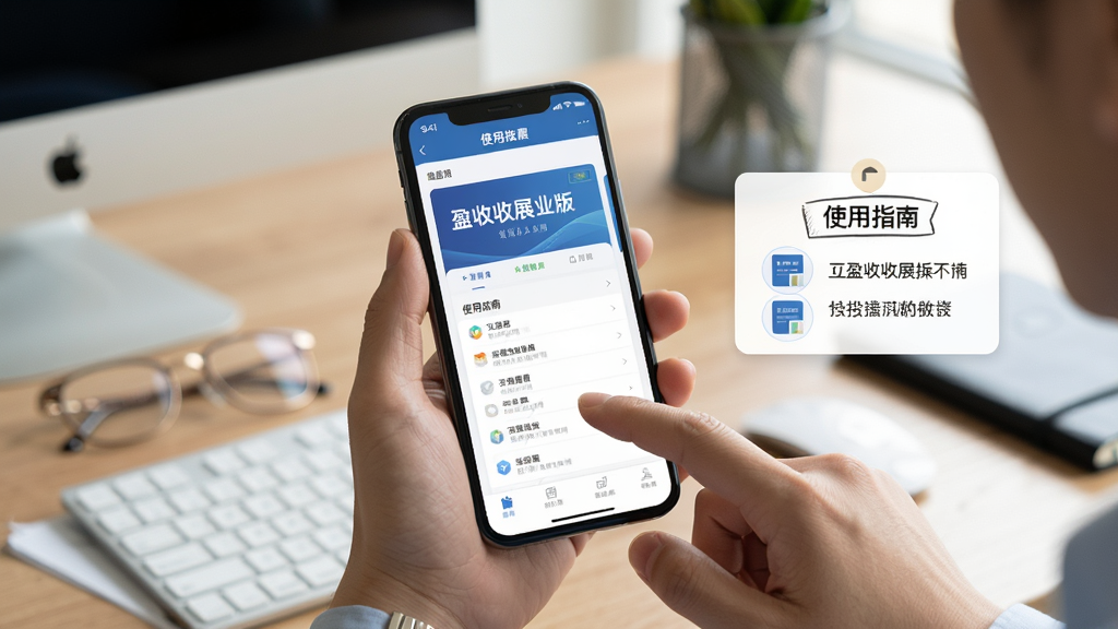 主体：一位用户手持手机使用盈收收展业版，界面显示“使用指南”页面，背景为办公桌。布局：手机居中，用户手指点击屏幕。排版：手机屏幕特写，界面清晰。风格：写实生活风，自然光。细节：屏幕中显示“盈收收展业版”主界面，旁边有操作步骤提示卡。画质：高清，干净，无多余元素。