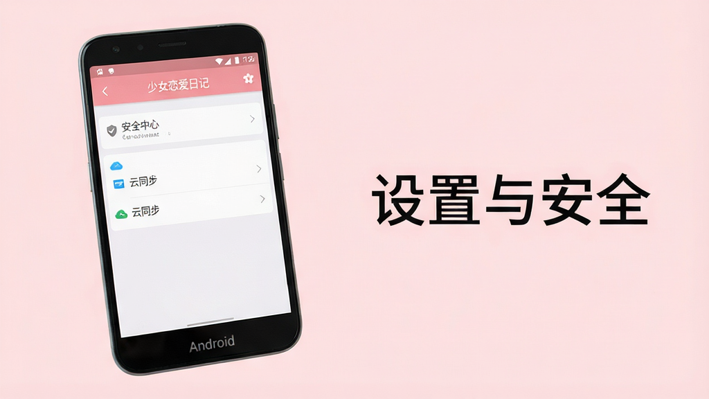 主体：一部手机正在运行“少女恋爱日记”APP，屏幕上显示设置界面，有“安全中心”、“云同步”等选项。布局：手机位于画面左侧，右侧有文字标注“设置与安全”。排版：屏幕内容清晰可见，背景为淡粉色。风格：简洁明快，现代感。细节：手机下方有“Android”字样。画质：高清，干净，无多余元素。