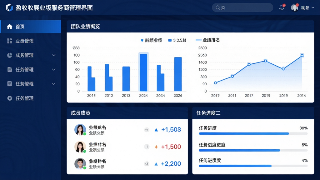 主体：盈收收展业版服务商管理界面截图，显示团队业绩图表、成员列表、任务进度条。布局：左侧为功能菜单，右侧为数据看板，图表采用柱状图和折线图。排版：数据模块清晰，重点数据用蓝色高亮。风格：商务科技感，深蓝背景配白色文字。细节：图表上方标注“团队业绩概览”，成员列表带有头像和业绩排名。画质：高清，干净，无多余元素。