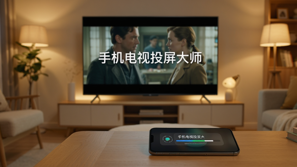 主体：客厅中电视正在播放电影画面，手机放在茶几上显示投屏界面。布局：电视占据画面中央，手机在前景。排版：电视画面中显示“手机电视投屏大师”字样。风格：温馨家庭风，光线柔和。细节：电视画面清晰，手机屏幕有投屏进度条。画质：4K高清，干净，无多余元素。