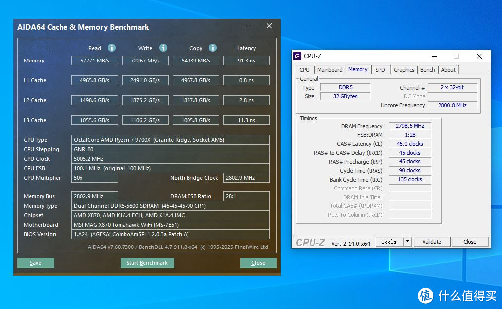 AIDA64内存缓存测试（AUTO 5600MHz CL46）