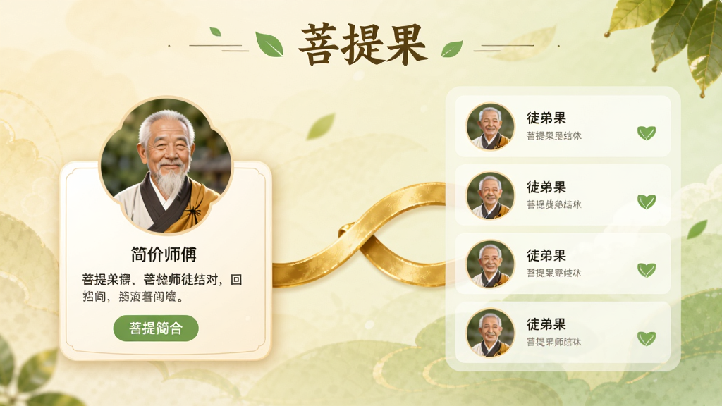 一张展示菩提果师徒结对界面的设计图，左侧为师傅头像与简介卡片，右侧为徒弟列表，中间用一条金色纽带连接，界面采用柔和渐变背景，配以“菩提果”文字标识与绿色点缀，整体风格温馨、正式，画质干净，无多余元素