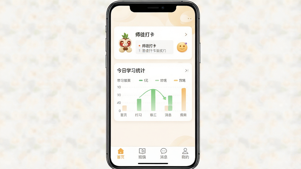 一张展示菩提果APP主界面的高清截图，界面以暖白色为主色调，顶部显示“师徒打卡”模块，中部有今日学习统计图表，底部导航栏包含“首页”、“班级”、“消息”、“我的”四个图标，整体布局简洁明亮，突出社交学习氛围，画质干净，无多余元素