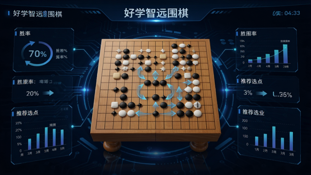 科技感视觉风格，画面展示“好学智远围棋”深度研究界面，中央为棋盘，周围环绕胜率百分比、推荐选点箭头等数据图表，背景为深色科技蓝，线条光效点缀，整体布局专业有质感，画质清晰，无多余元素