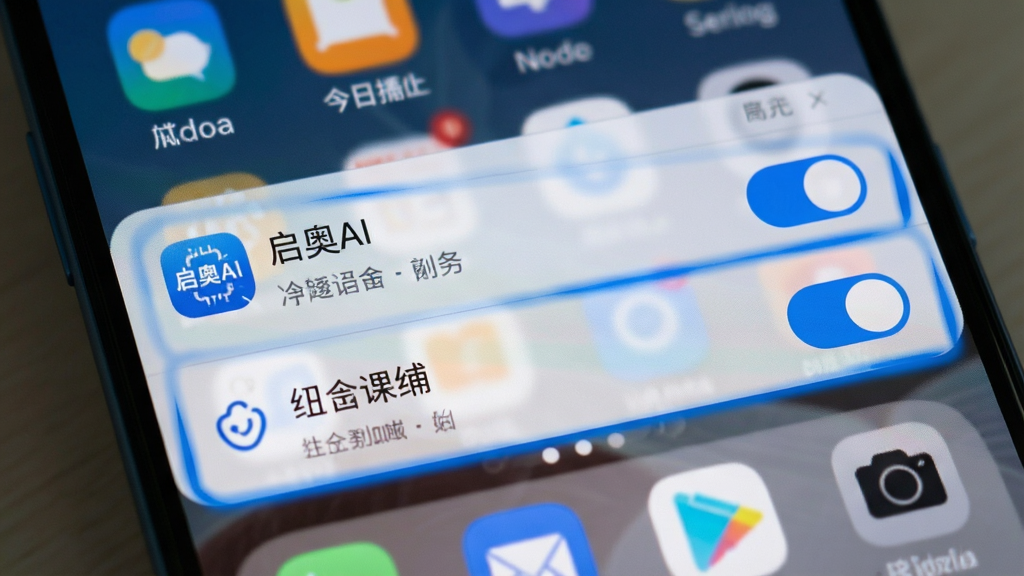 一张显示手机设置界面的截图，屏幕上突出显示“启奥AI”应用的通知权限和定位权限开关，背景为模糊的手机桌面，以蓝色高光标记关键设置项，画面简洁明了，风格写实，画质干净，无多余元素